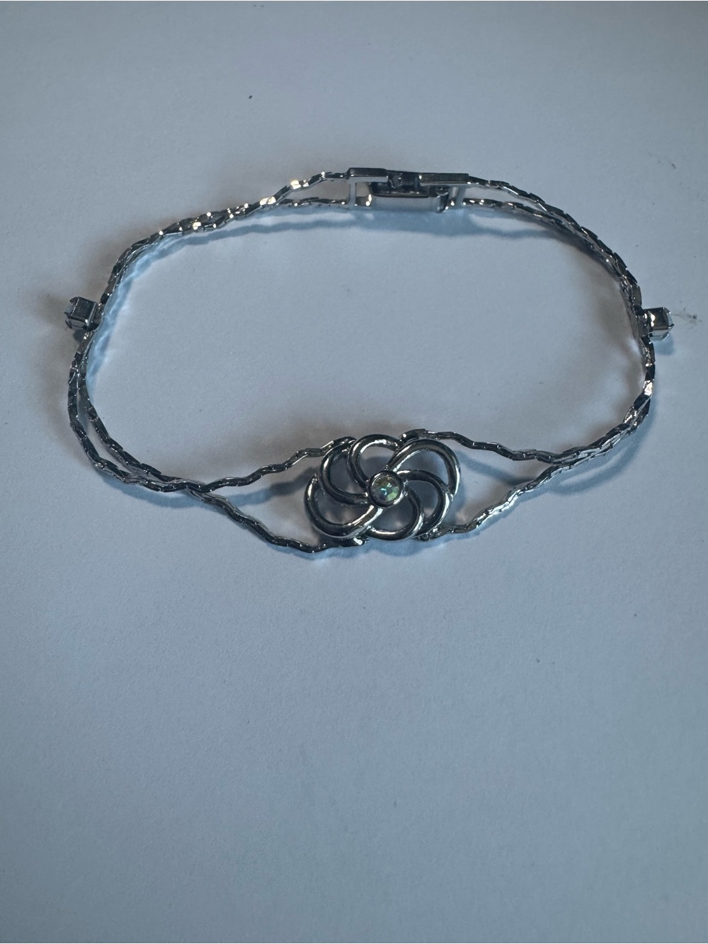 Silver Tone  Floral Twist Bracelet with Aurora Borealis Crystal Accent